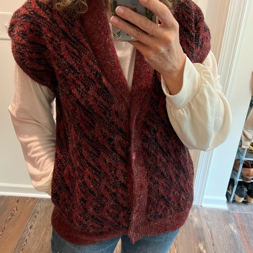 Vintage red black metallic iridescent cardigan vest shawl collar 

size large